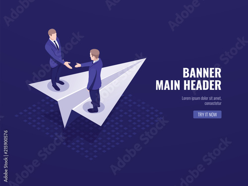 Startup icon, concept of business deal and successful strategy plan, two businessmen stay on paper aircraft isometric vector dark