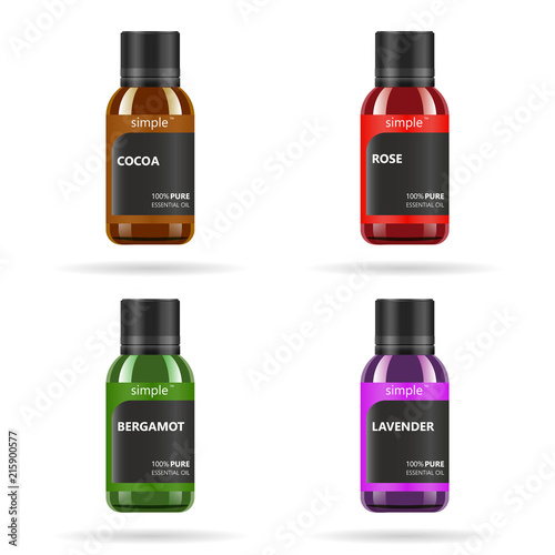 Essential oil in glass jar. Vector packaging design template and emblem - beauty, medical and cosmetic oil. Mock up vial of lavender, cocoa, bergamot and rose oil essence.
