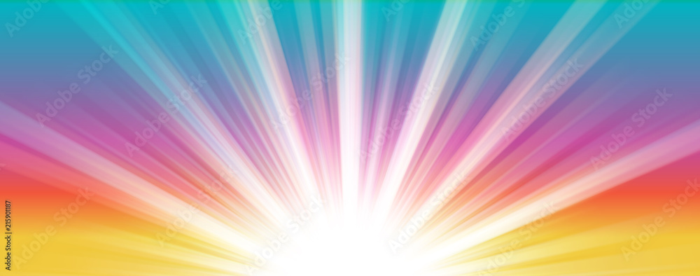 Abstract  summer background. Shiny hot sun lights horizontal banner illustration with colorful vibrant color tones. - obrazy, fototapety, plakaty 