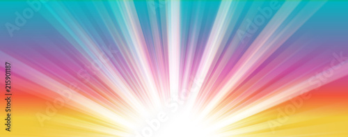 Abstract summer background. Shiny hot sun lights horizontal banner illustration with colorful vibrant color tones.