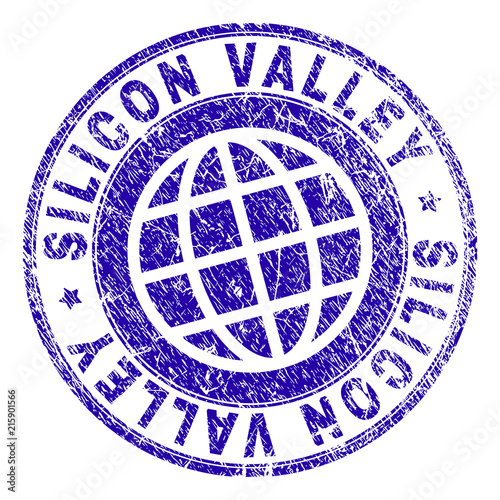 SILICON VALLEY stamp imprint with grunge texture. Blue vector rubber seal imprint of SILICON VALLEY title with dirty texture. Seal has words placed by circle and globe symbol.