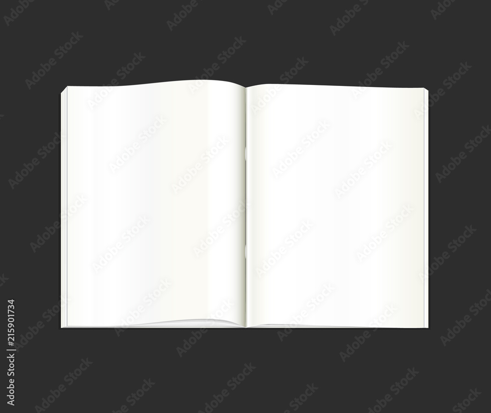 Vector. Stationery. An open pocket book, diary, notebook, scrapbook, textbook, notepad, organizer, sketch book, journal, drawing pad. Isolated illustration. White blank pages.