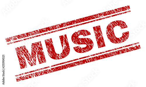 MUSIC seal print with corroded texture. Red vector rubber print of MUSIC text with unclean texture. Text label is placed between double parallel lines.