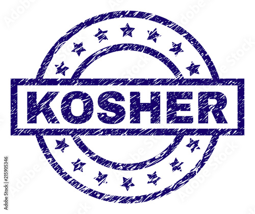 KOSHER seal imprint with dirty texture. Designed with rectangle, circles and stars. Blue vector rubber print of KOSHER label with dirty texture.