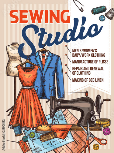 Atelier sewing and tailoring vector sketch poster