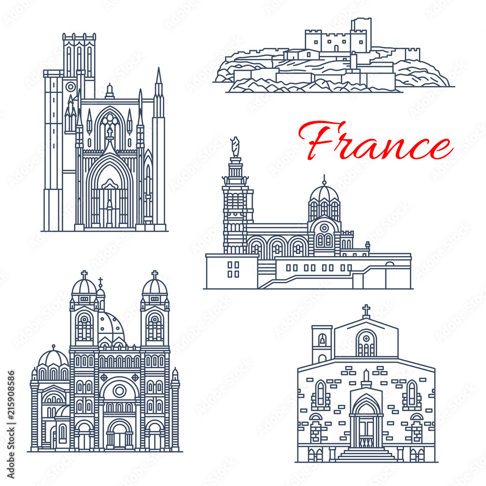 France vector landmark line icons of Marseilles