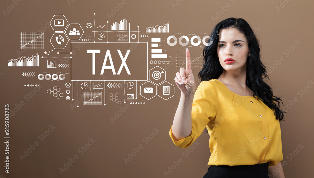 © Tierney - Tax with business woman on a brown background