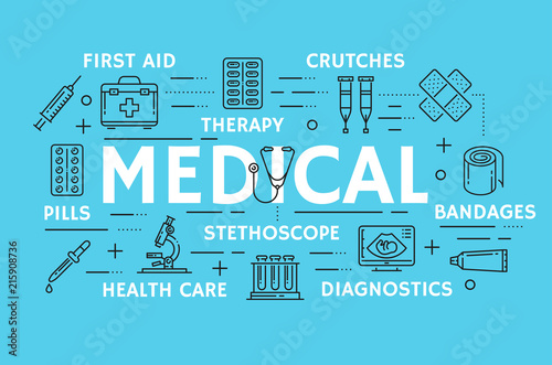 Vector medical thin line art symbols in poster