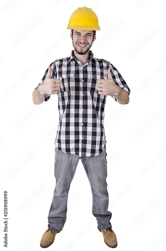 Construction worker giving two thumbs-up sign, isolated on white background.