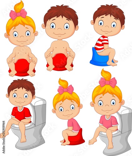 Set of cute little babies sitting on the potty