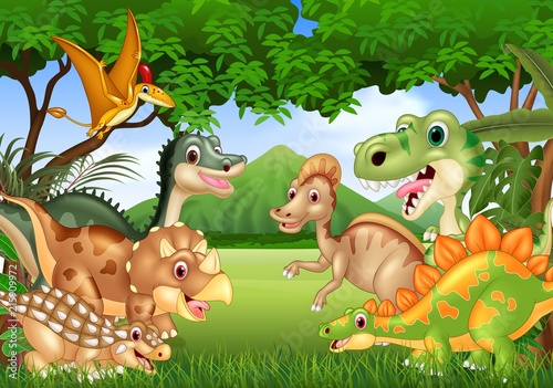 Fototapeta Naklejka Na Ścianę i Meble -  Cartoon happy dinosaurs living in the jungle
