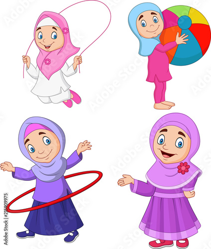 Cartoon muslim girls with different hobbies