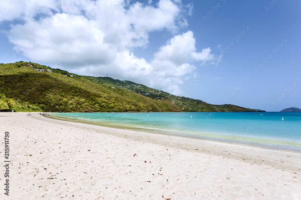 Idyllic beach at Magens Bay, Saint Thomas, US Virgin Islands. This beach is considered one of the best top ten beaches in the world. Paradise and clear water for relaxation. Loneliness and tranquility