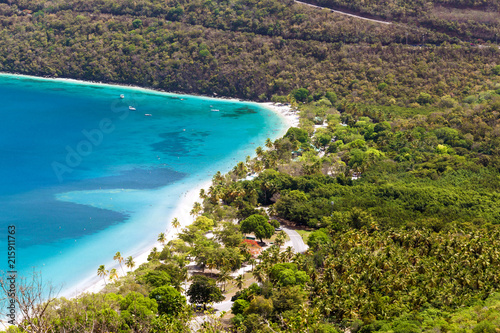 Aerial view of idyllic beach of Magens Bay  Saint Thomas  US Virgin Islands. This beach is considered one of the best top ten beaches in the world. Paradise and clear water for relaxation