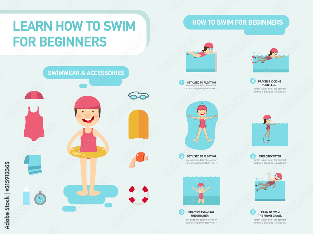 Learn how to swim for beginners infographic vector illustration Stock