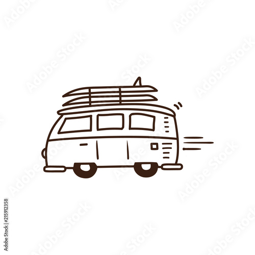 Surf van driving to the beach with surfboards on. Vector summer holidays doodle illustration. Hand drawn icon. photo