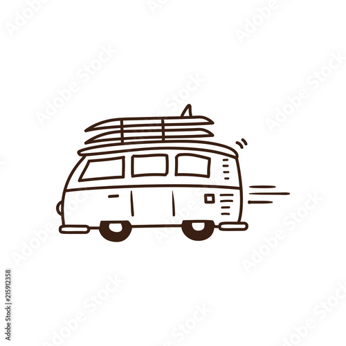 Surf van driving to the beach with surfboards on. Vector summer holidays doodle illustration. Hand drawn icon.