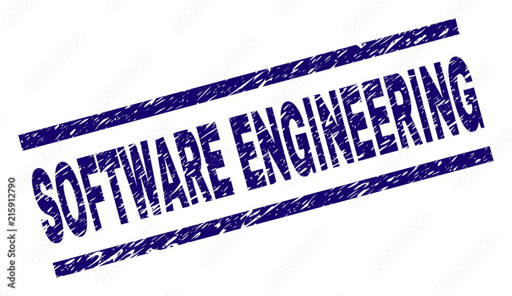 SOFTWARE ENGINEERING seal print with grunge style. Blue vector rubber print of SOFTWARE ENGINEERING tag with dirty texture. Text caption is placed between parallel lines.
