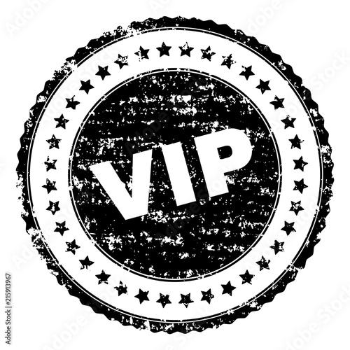 VIP seal print with distress texture. Black vector rubber print of VIP label with scratched texture. Rubber seal imitation has round shape and contains stars.