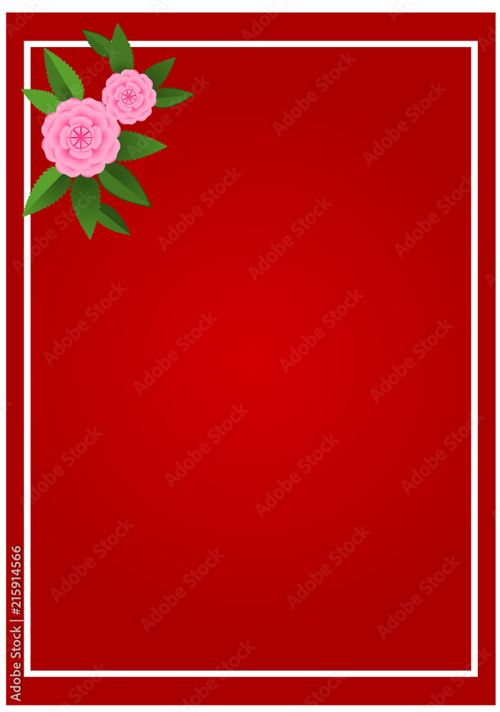 Obraz premium Pink rose Flower blossom and green leaf decorated stationery Pad background vector border frame texture template