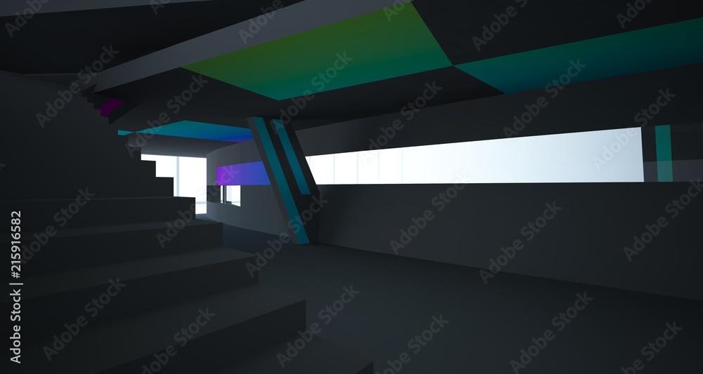Obraz premium Abstract white and colored gradient interior multilevel public space with window. 3D illustration and rendering.