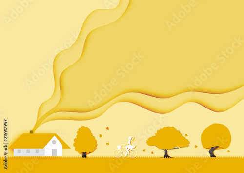 Autumn background with beautiful house landscape view  paper cut design vector and illustration