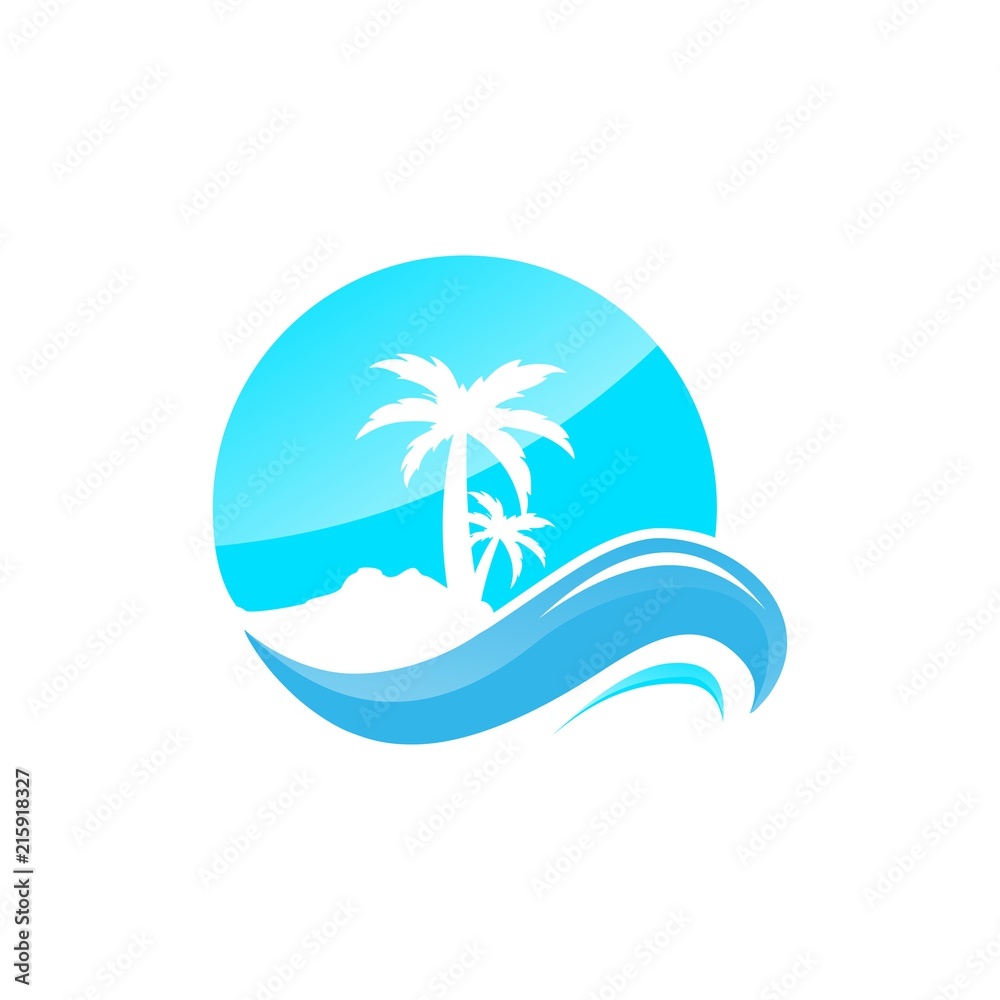 palm tree with the waves of ocean at beach vector logo design