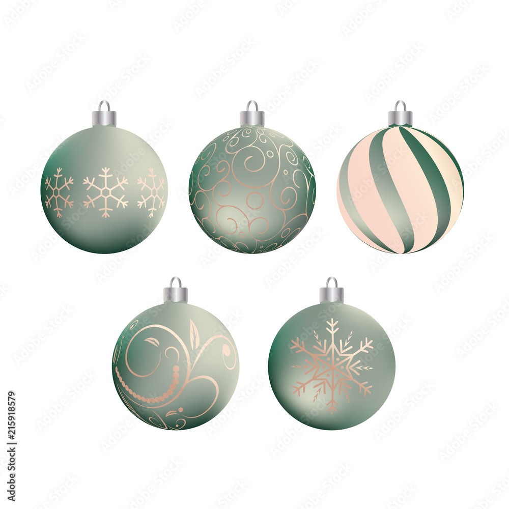 Set of decorative silver and green Christmas balls.