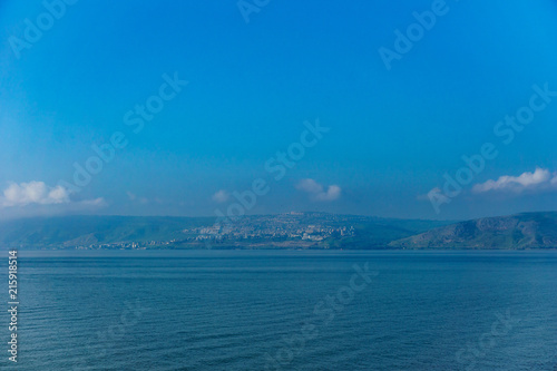 Sea of Galilee in Israel at foggy spring day.