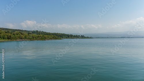 Sea of Galilee in Israel at foggy spring day.