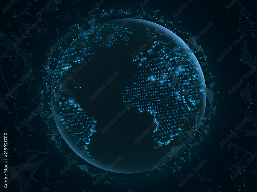 Abstract planet Earth with flying triangles. World map. Blue lights ...