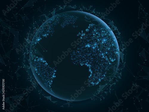 Abstract planet Earth with flying triangles. World map. Blue lights. Sci-fi and hi-tech. Plexus style. Map of glowing dots. Vector illustration