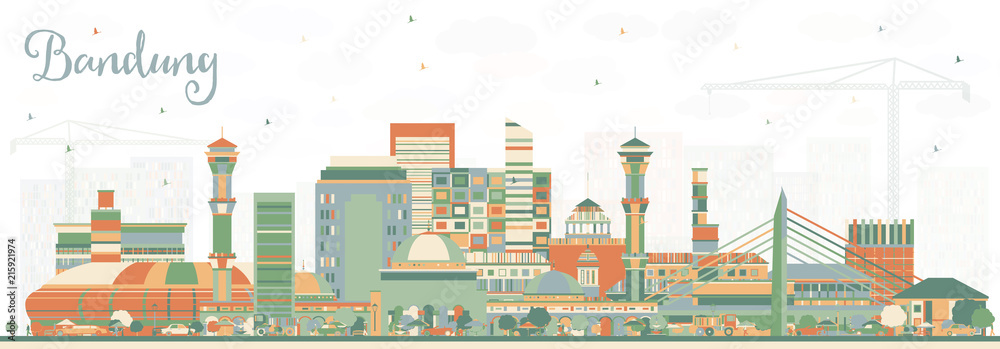 Bandung Indonesia City Skyline with Color Buildings.