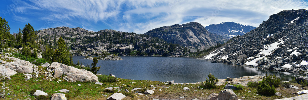 Wind River Range, Rocky Mountains, Wyoming, views from backpacking hiking trail to Titcomb Basin from Elkhart Park Trailhead going past Hobbs, Seneca, Island, Upper and Lower Jean Lakes as well as Pho