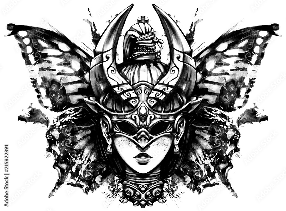 Obraz premium Girl with a pigtail, in an unusual mask, resembling a beetle