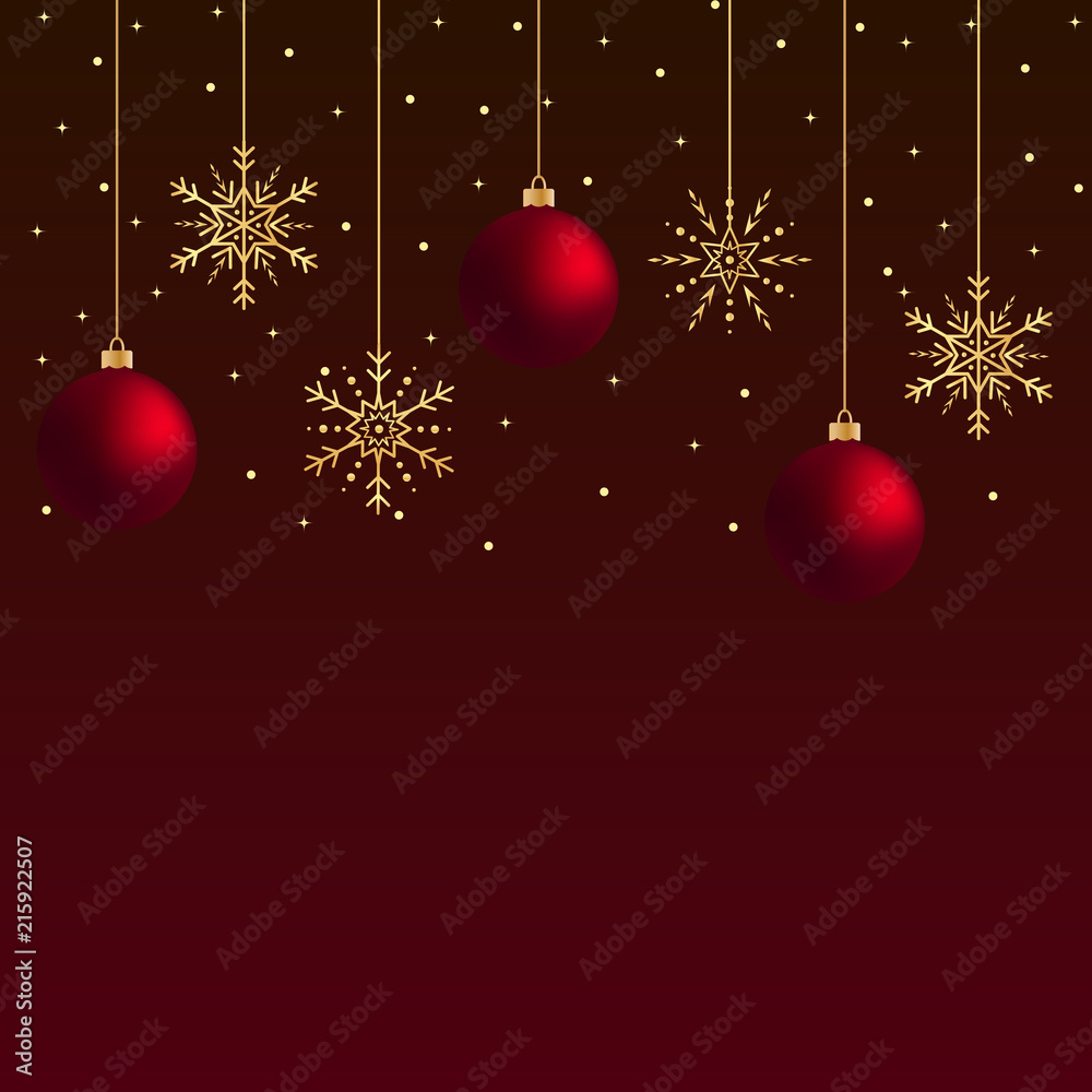 Three red vector hanging Christmas balls with gold snowflakes an