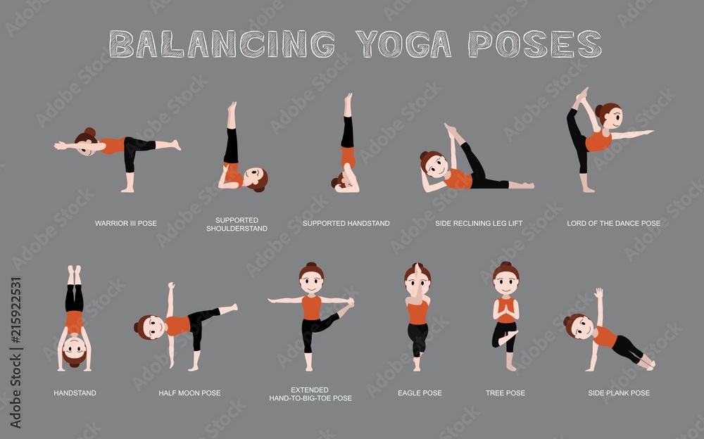 8 Yoga poses for workout in Balance and Stability concept. Woman exercising  for body stretching. Yoga posture or asana for fitness infographic. Flat  cartoon vector. Stock Vector | Adobe Stock