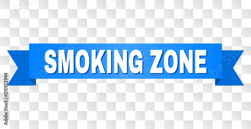 SMOKING ZONE text on a ribbon. Designed with white caption and blue tape. Vector banner with SMOKING ZONE tag on a transparent background.