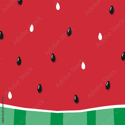 Cute cartoon vector watermelon slice, pulp with seeds square background, card, banner template. 
