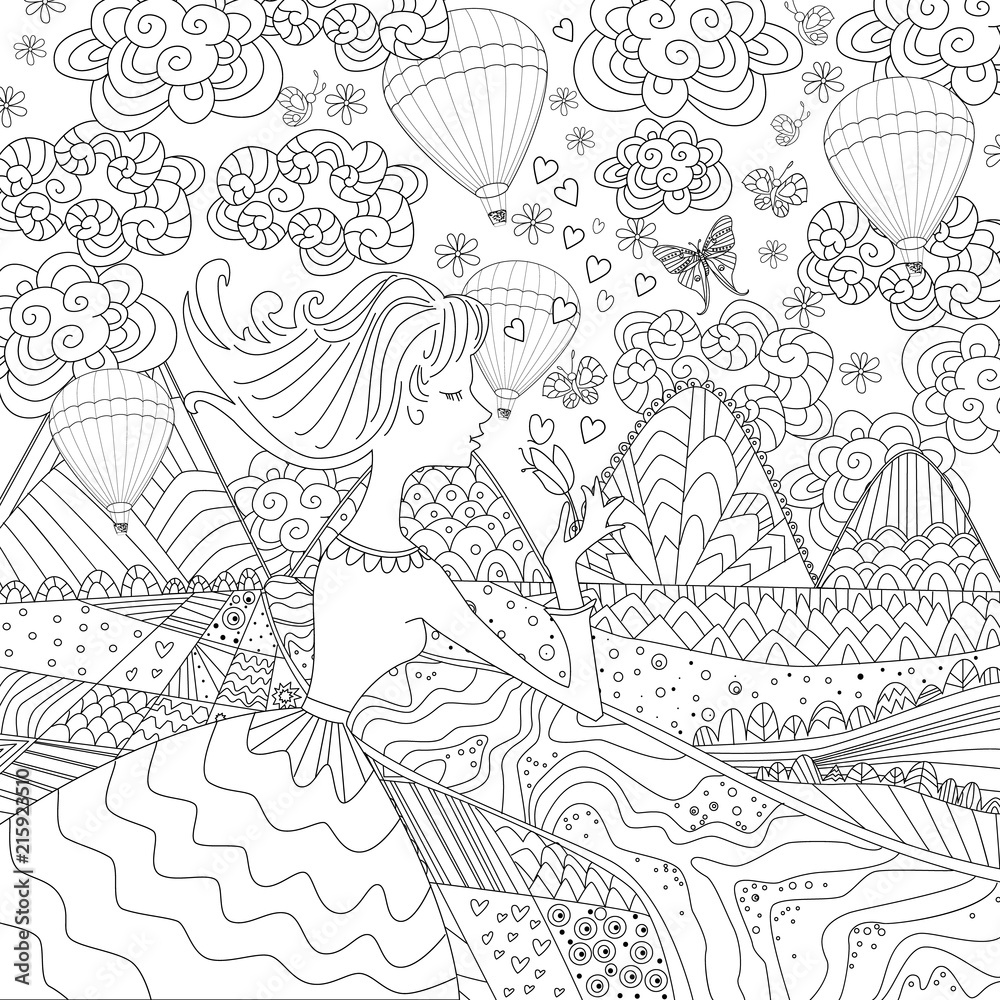 romantic girl in fancy landscape for your coloring book