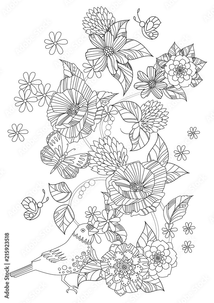 fancy floral pattern with bird and butterflies for your coloring