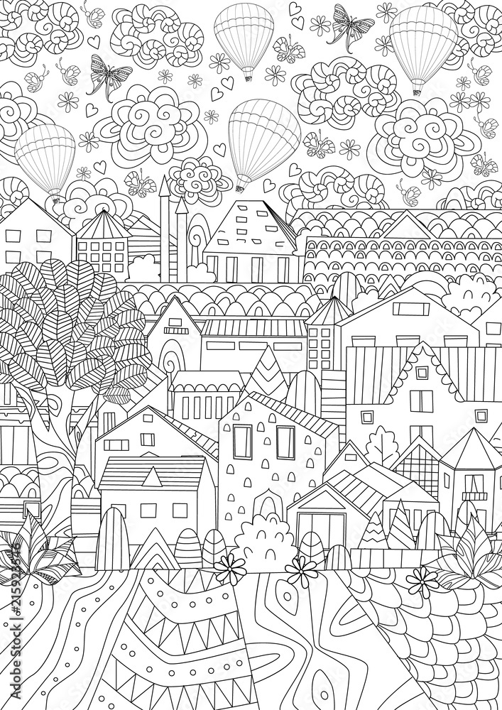 cute cityscape with hot air balloons in sky for your coloring bo