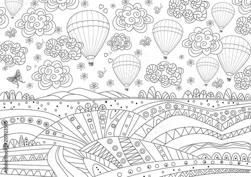 fancy landscape with hot air balloons in the sky for your colori