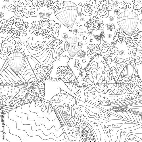 romantic girl in fancy landscape for your coloring book