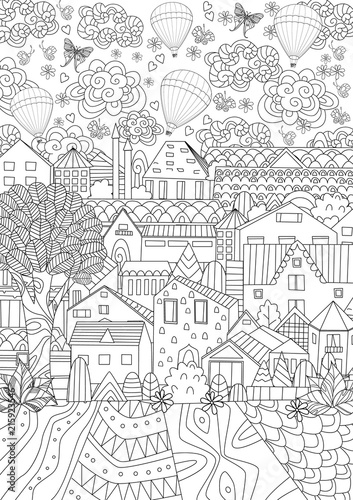 cute cityscape with hot air balloons in sky for your coloring bo