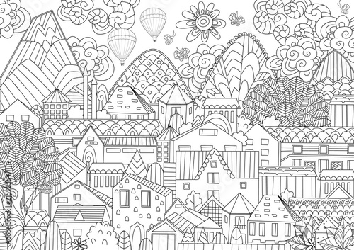 mountain cityscape with hot air balloons in sky for your colorin