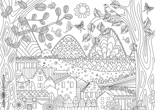cozy rustic landscape for your coloring book
