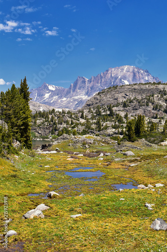 Wind River Range, Rocky Mountains, Wyoming, views from backpacking hiking trail to Titcomb Basin from Elkhart Park Trailhead going past Hobbs, Seneca, Island, Upper and Lower Jean Lakes as well as Pho