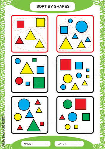 Sort by Shapes. Sorting Game. Group by shapes - square, circle,triangle. . Special sorter for preschool kids. Worksheet for practicing fine motor skills. Improving skills tasks. A4. green