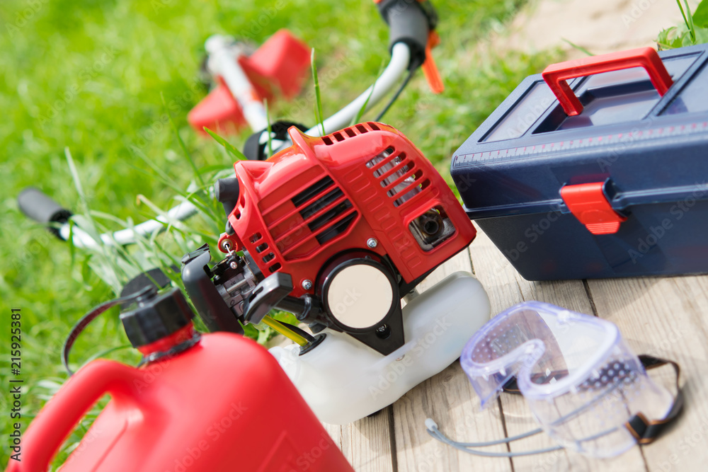 Fototapeta premium a set of tools for the care of green lawn, red chainsaw, fuel cans, a tool for adjustment.